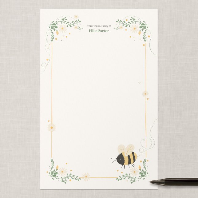 Personalised Bumble Bee Nursery Writing Paper (Wildflower Flight - Half-Letter Personalized Writing Paper)