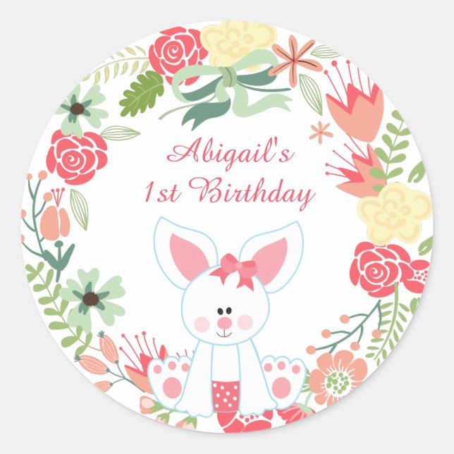 Personalised Bunny and Flower Wreath 1st Birthday Classic Round Sticker (Front)