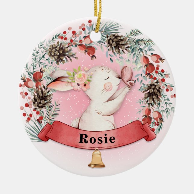Personalised Bunny Christmas Floral Wreath Ceramic Tree Decoration (Front)