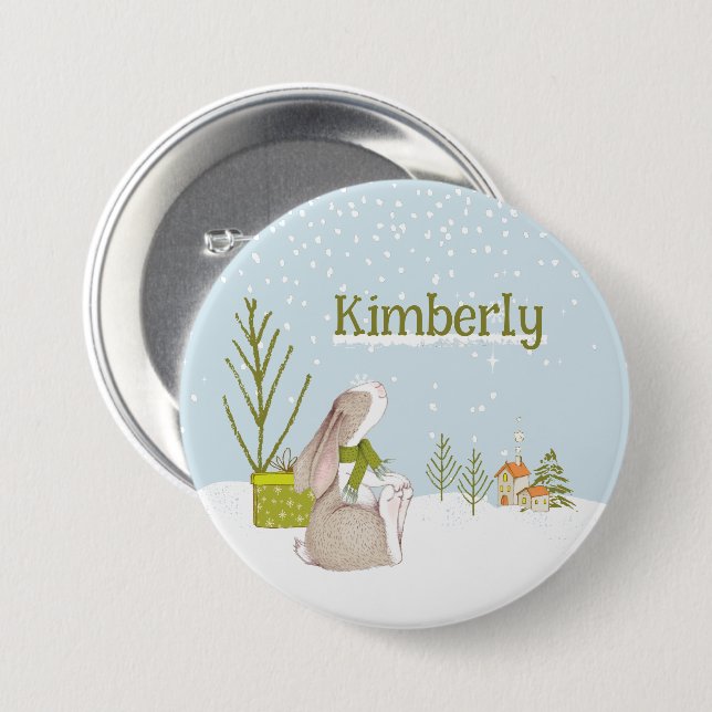 Personalised Bunny Christmas Name 7.5 Cm Round Badge (Front & Back)