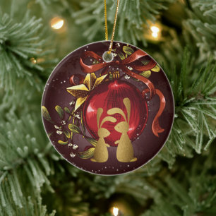 Personalised Bunny Couple n' Mistletoe Christmas Ceramic Tree Decoration
