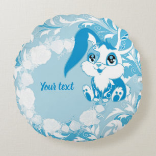Personalised Bunny Cute Blue Kawaii Round Cushion