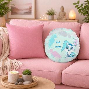 Personalised Bunny  Cute Blue Kawaii Round Cushion