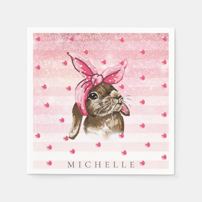 Personalised Bunny Hand painted glitter Napkin (Front)