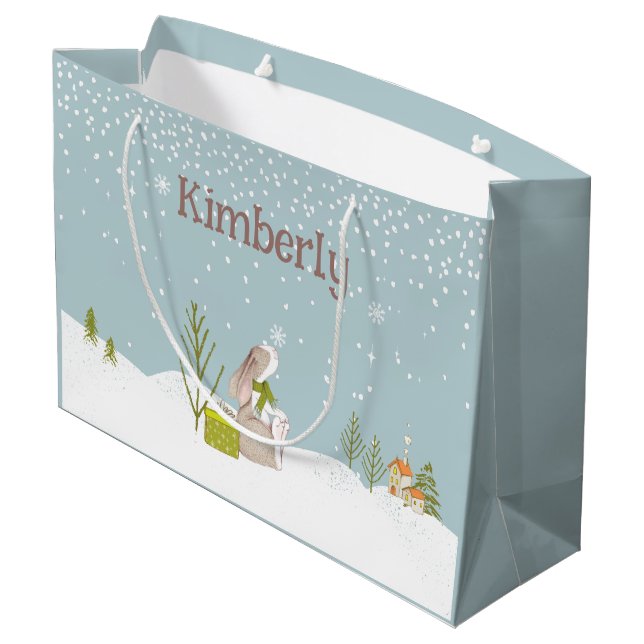 Personalised Bunny in the Snow Christmas Large Gift Bag (Back Angled)