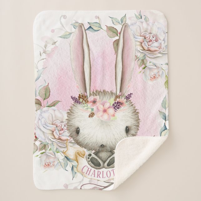 Personalised Bunny Rabbit Baby Girl Sherpa Blanket (Front)