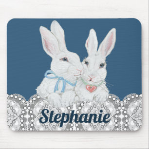 Personalised Bunny Rabbit Blue and White Lace Cute Mouse Mat