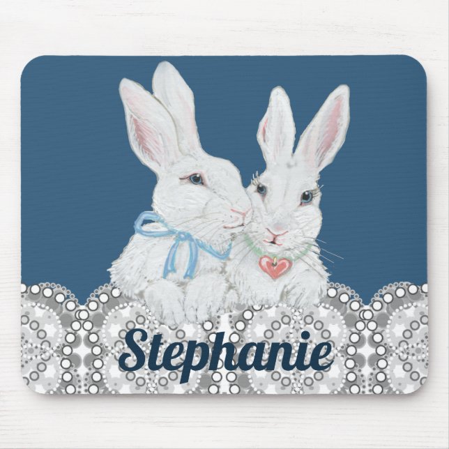 Personalised Bunny Rabbit Blue and White Lace Cute Mouse Mat (Front)