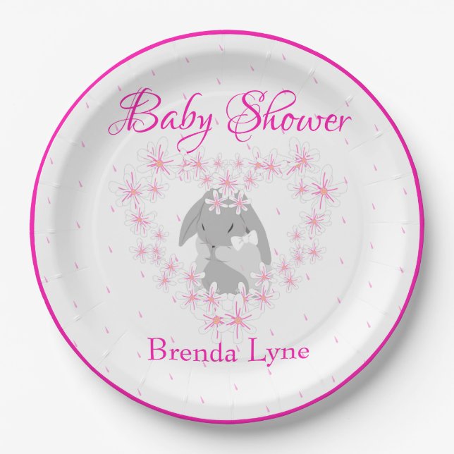 Personalised Bunny Rabbit Girl Pink Baby Shower Paper Plate (Front)