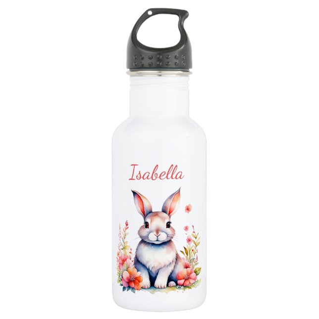 Personalised Bunny Rabbit in Pink Flowers 532 Ml Water Bottle (Front)