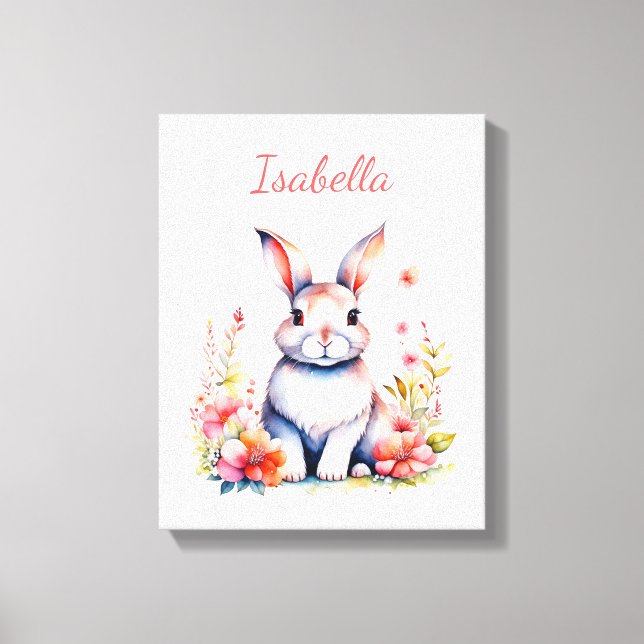 Personalised Bunny Rabbit in Pink Flowers Canvas Print (Front)
