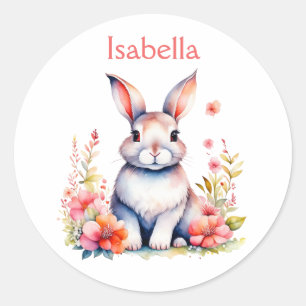Personalised Bunny Rabbit in Pink Flowers Classic Round Sticker