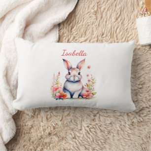 Personalised Bunny Rabbit in Pink Flowers Lumbar Cushion