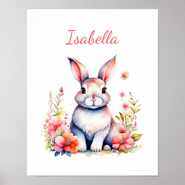 Personalised Bunny Rabbit in Pink Flowers Poster (Front)