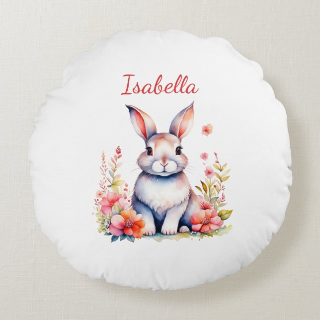 Personalised Bunny Rabbit in Pink Flowers Round Cushion (Front)