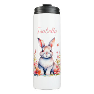 Personalised Bunny Rabbit in Pink Flowers Thermal Tumbler
