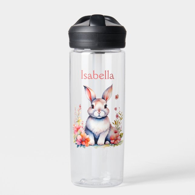 Personalised Bunny Rabbit in Pink Flowers Water Bottle (Front)