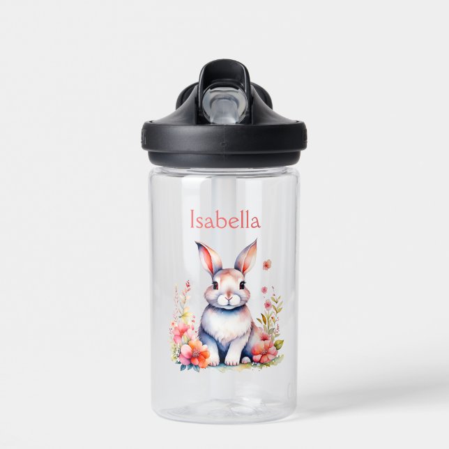 Personalised Bunny Rabbit in Pink Flowers Water Bottle (Front)