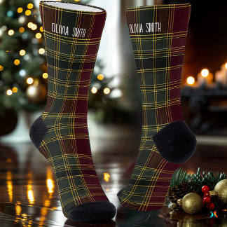 Personalised Burgundy and Gold Tartan Plaid Socks 