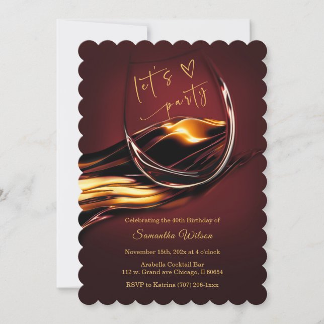 Personalised  Burgundy and Gold Woman Birthday Invitation (Front)