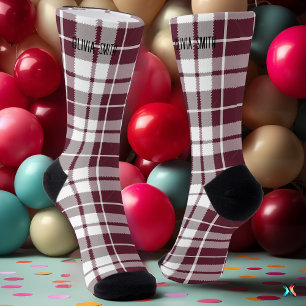 Personalised Burgundy and Grey Tartan Plaid Custom Socks