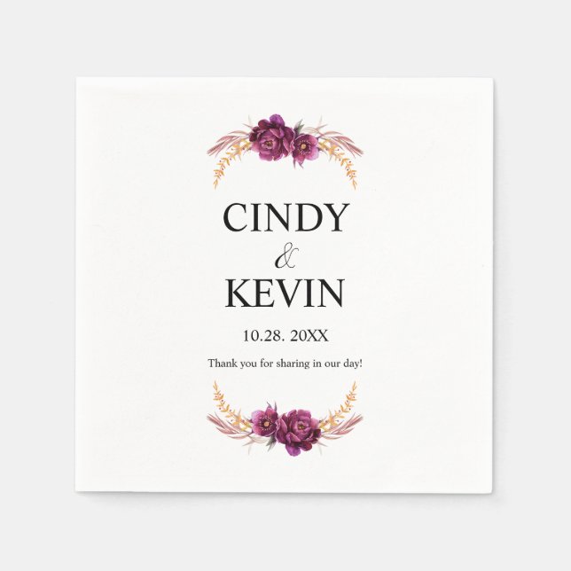 Personalised Burgundy Blossom Wedding Paper Napkin (Front)