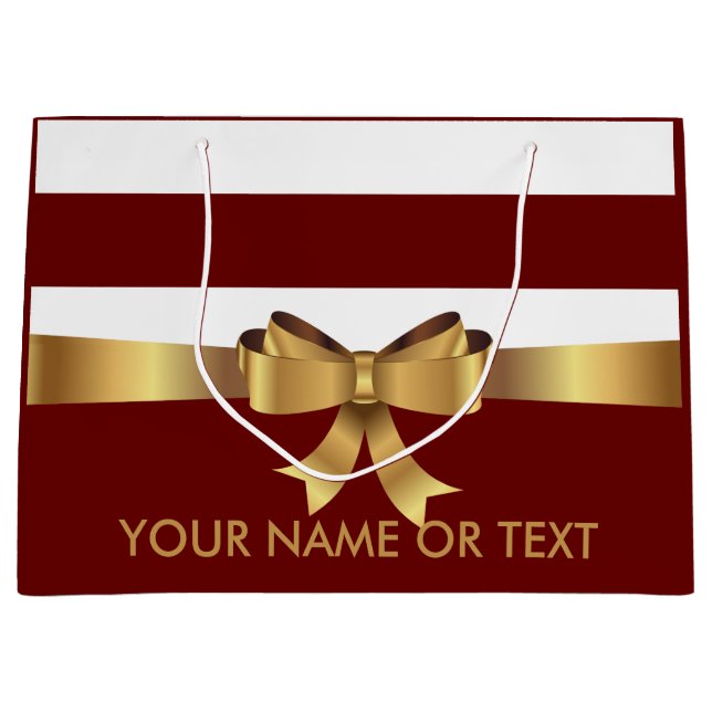 Personalised  Burgundy Bold Stripes Golden BOW  Large Gift Bag (Front)