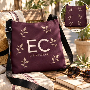 Personalised Burgundy Botanical Monogram  Crossbody Bag
