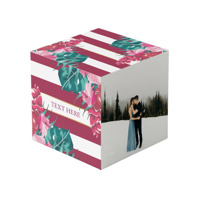 Personalised Burgundy Exotic Flowers striped Cube (Front Angled)