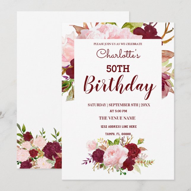 Personalised Burgundy Floral Birthday Invitation (Front/Back)