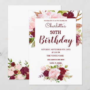 Personalised Burgundy Floral Birthday Invitation