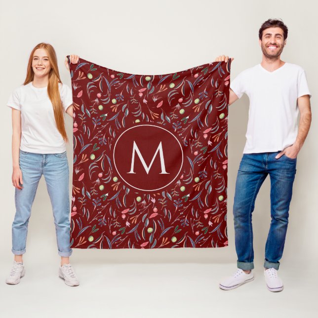 Personalised Burgundy Floral MONOGRAM Fleece Blanket (In Situ)
