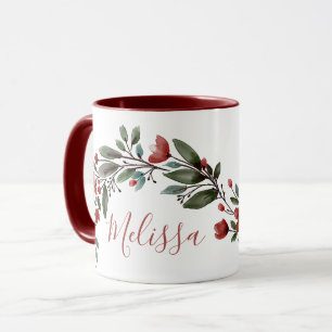 Personalised Burgundy Floral Monogram Name Mug
