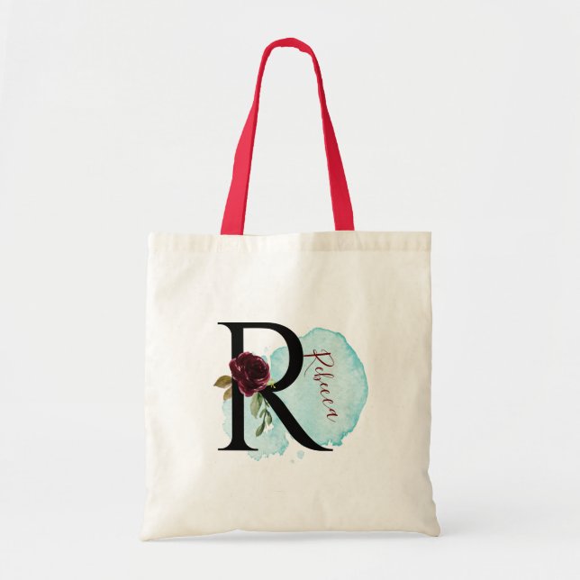Personalised Burgundy Floral R Bridal Shower Gift  Tote Bag (Front)