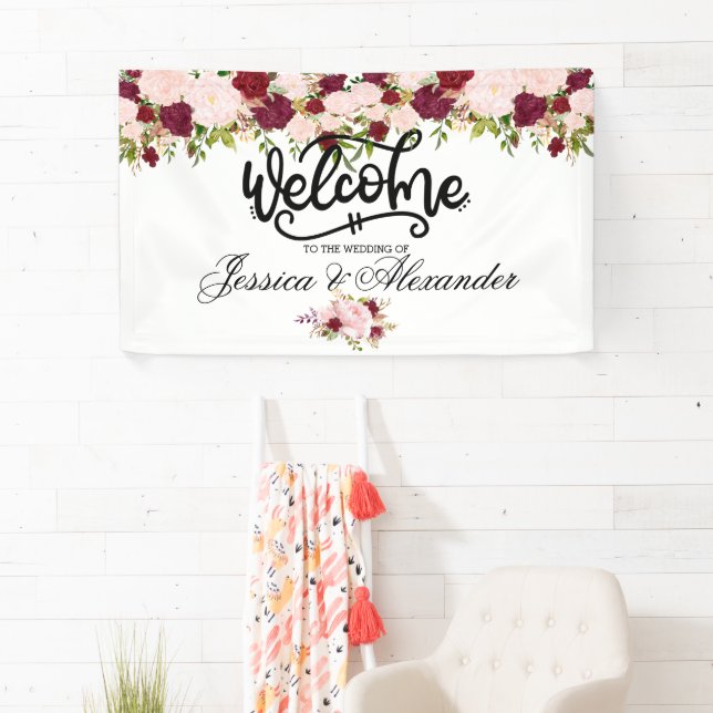 Personalised Burgundy Floral Wedding Banner (Insitu)