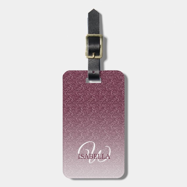 Personalised Burgundy Glitter Ombre Name Monogram Luggage Tag (Front Vertical)