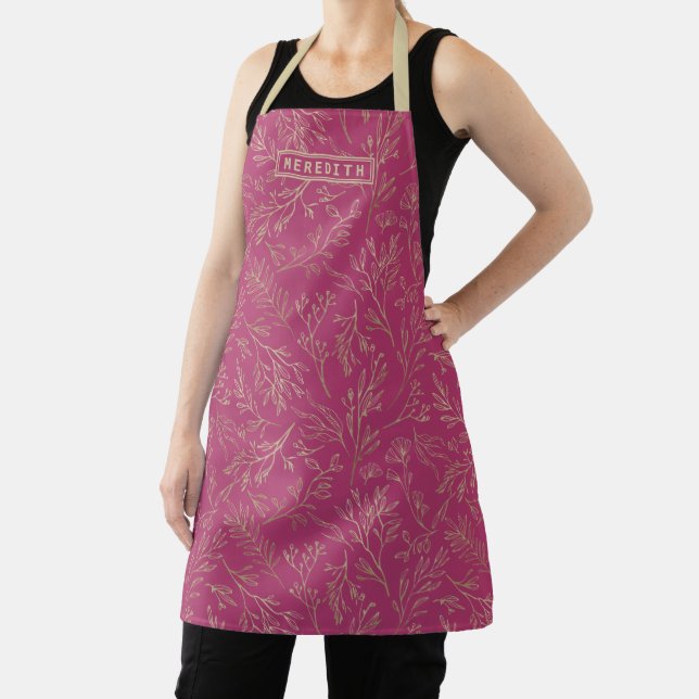 Personalised Burgundy Gold Abstract Floral Apron (Insitu)