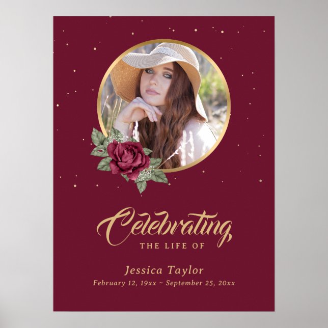 Personalised Burgundy Gold Floral Funeral Sign (Front)