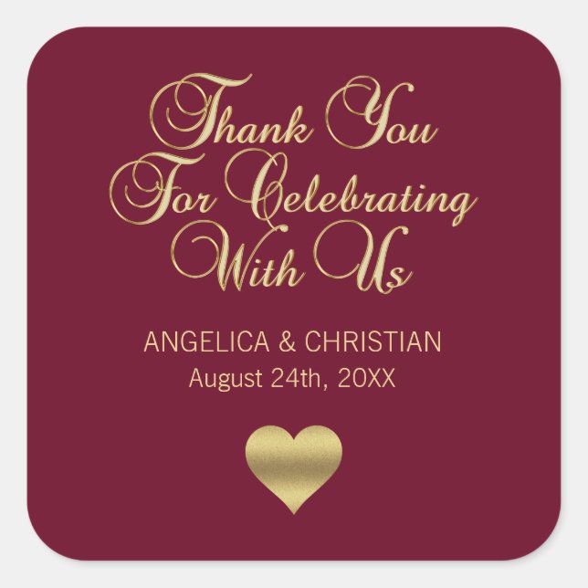 Personalised Burgundy Gold Thank You Wedding Square Sticker (Front)