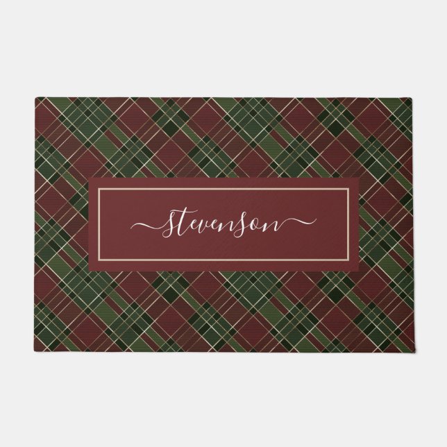 Personalised Burgundy Green Plaid Holiday Doormat (Front)