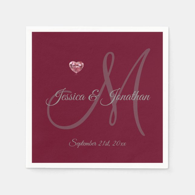 Personalised BURGUNDY Heart Monogrammed Wedding Napkin (Front)
