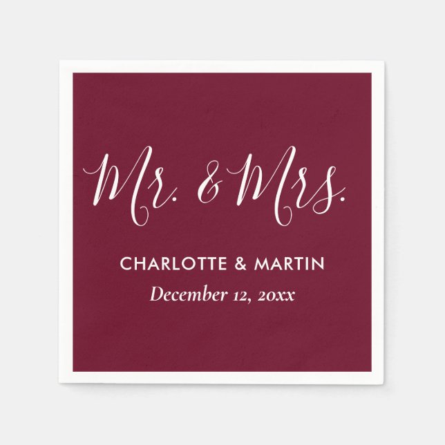 Personalised Burgundy Mr. and Mrs. Wedding Napkins (Front)