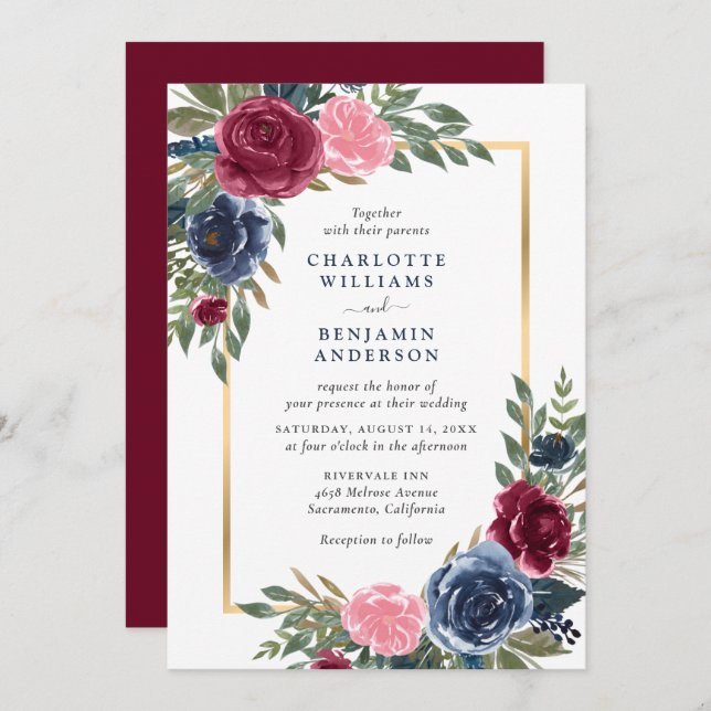 Personalised Burgundy Navy Blue Gold Floral Invitation (Front/Back)