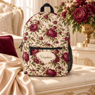 Personalised Burgundy Peony Ivory Floral Backpack
