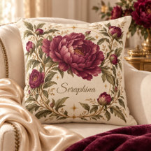 Personalised Burgundy Peony Ivory Throw Pillow