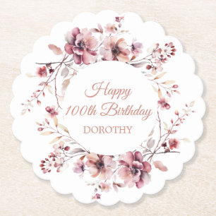 Personalised Burgundy Pink Floral 100th Birthday Paper Coaster