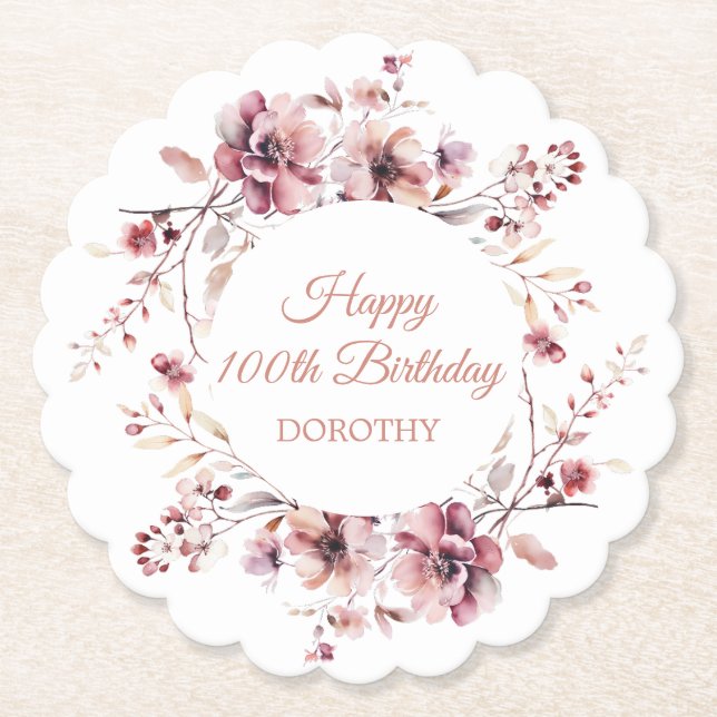 Personalised Burgundy Pink Floral 100th Birthday Paper Coaster (Front)