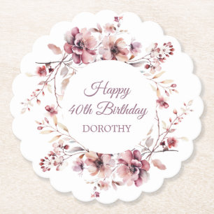 Personalised Burgundy Pink Floral 40th Birthday Paper Coaster