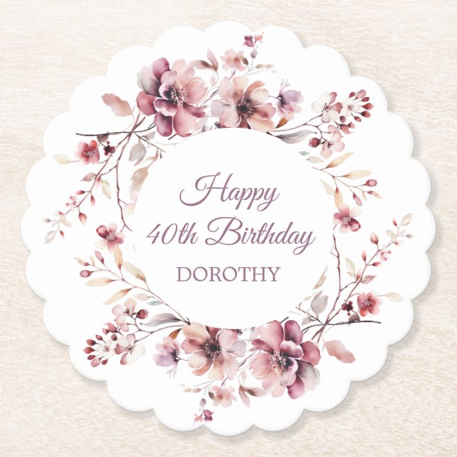 Personalised Burgundy Pink Floral 40th Birthday Paper Coaster (Front)
