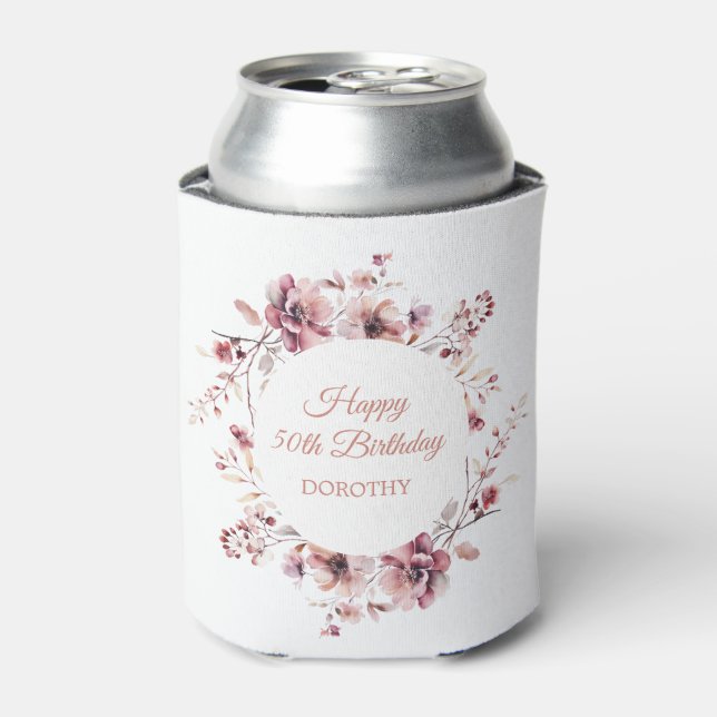 Personalised Burgundy Pink Floral 50th Birthday Can Cooler (Can Front)